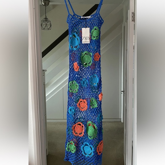Zara Limited Edition Crochet Blue Flower Dress Sold Out Bloggers Fave Knit - Picture 6 of 15